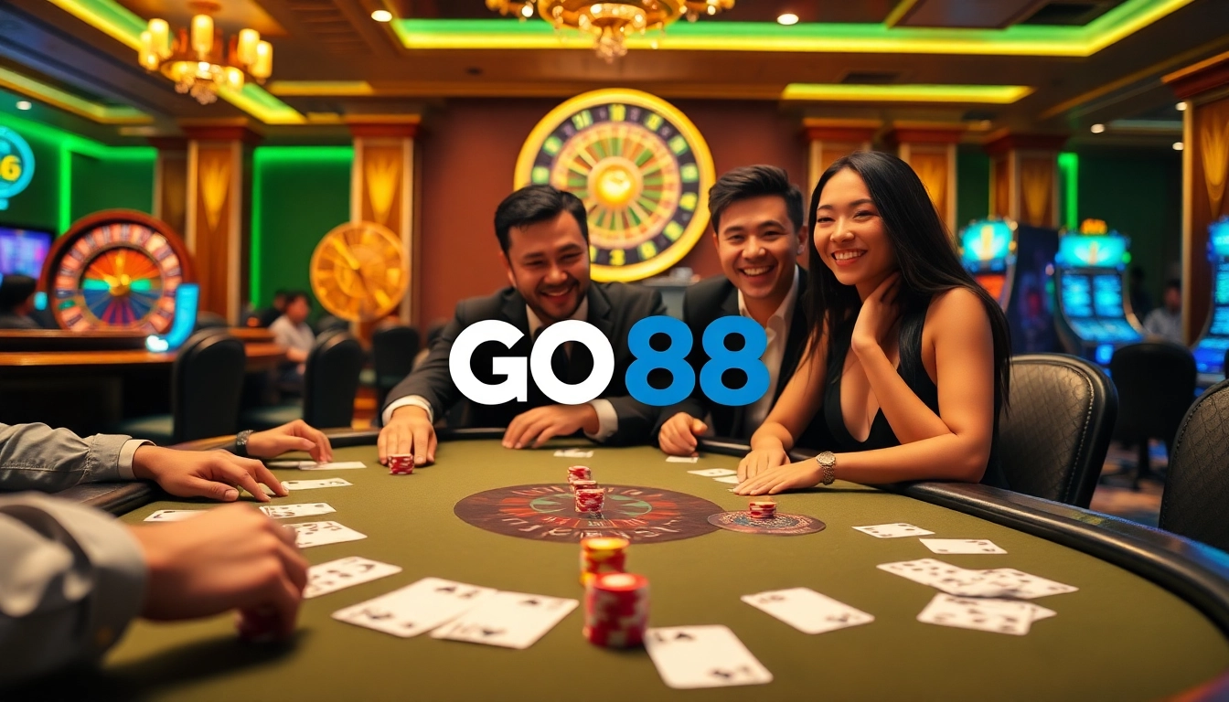 GO88 players enjoying an exciting online casino experience at a vibrant poker table.