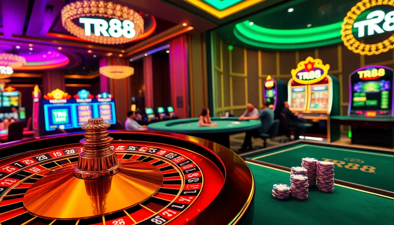 Engage in thrilling games at TR88 trang chủ with vibrant casino visuals showcasing roulette, poker, and slot machines.