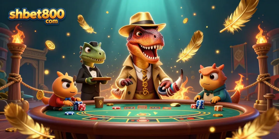 Engage in thrilling bets at shbet800 com with a 3D velociraptor card counter amidst dramatic casino elements.