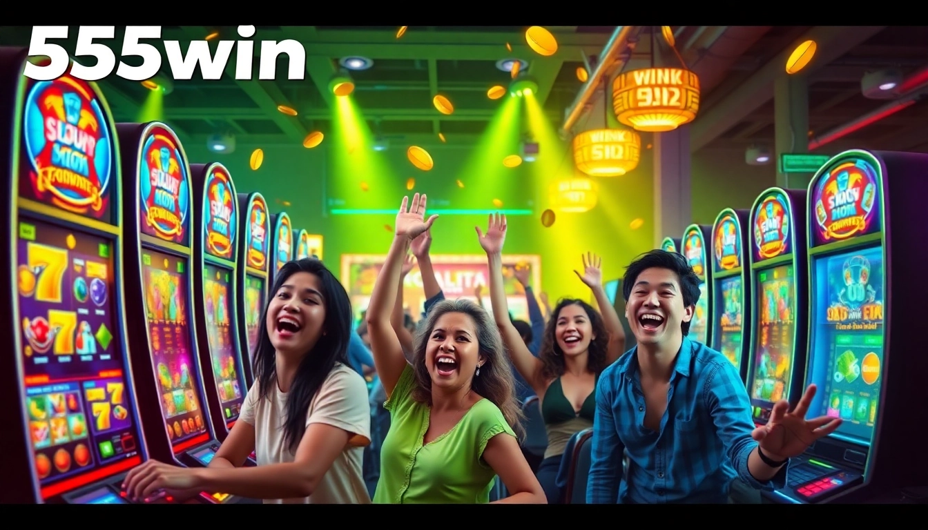 Exciting gaming scene showcasing winners celebrating with 555win themes.