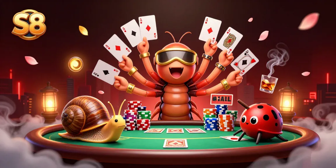 Experience thrilling card games at S8 with our vibrant cartoon world featuring a millipede dealer, high-stakes chips, and dynamic gameplay.