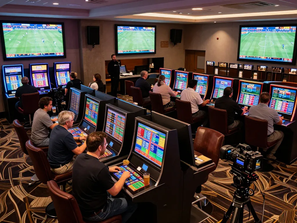 Kết quả bóng đá displayed on vibrant screens in a modern sports betting area, engaging atmosphere with excited guests placing bets.