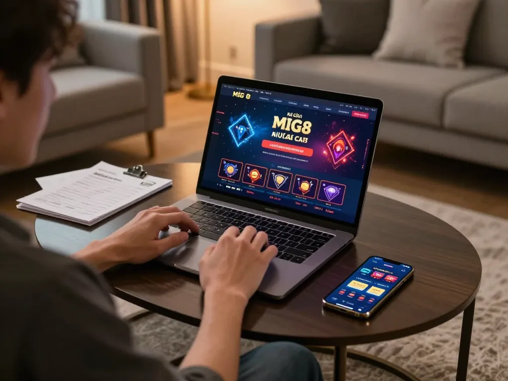Engaged player using the Nhà cái MIG8 platform on a laptop in a cozy home setting, showcasing strategic online gambling.