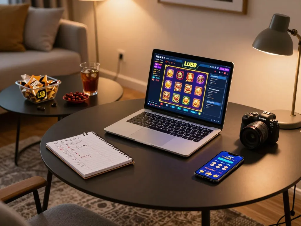 Engaging in online gaming with LU88 interface on a laptop, snacks on the table, creating a cozy gambling atmosphere.