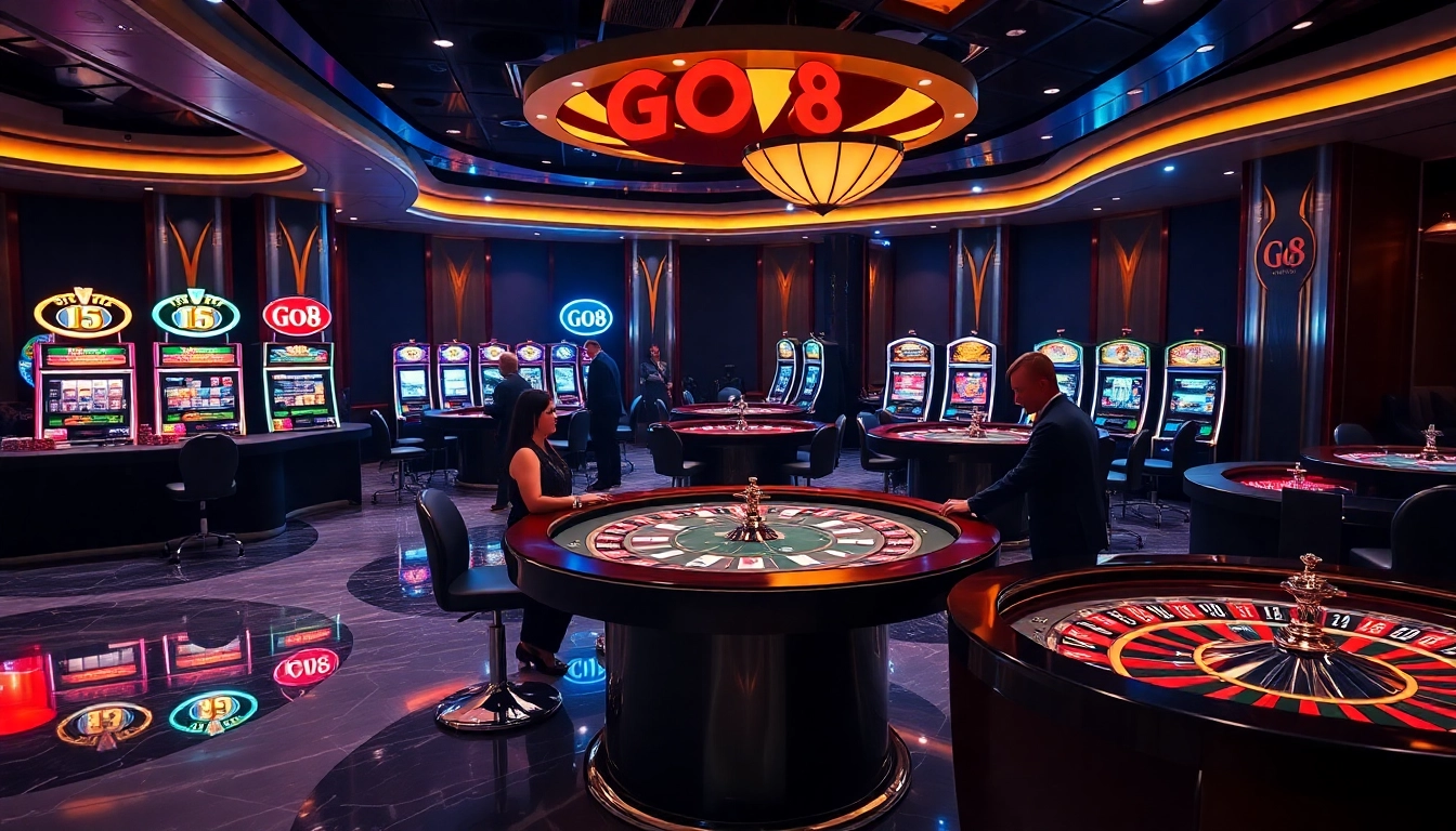 GO8 players enjoy intense card games at a luxurious casino table, showcasing poker chips and betting slips.