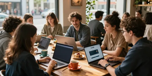 Group discussing rokok88 login at café with laptops and coffee.