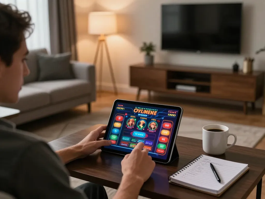 Player using BK33 tablet for online gaming in a cozy living room setting with strategic notes.