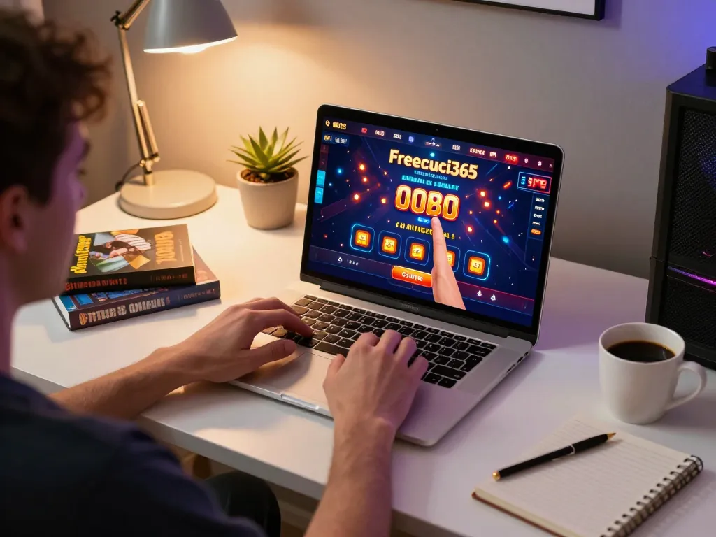 Player engaging with Freecuci365 online casino at home, showcasing strategy and gaming excitement.