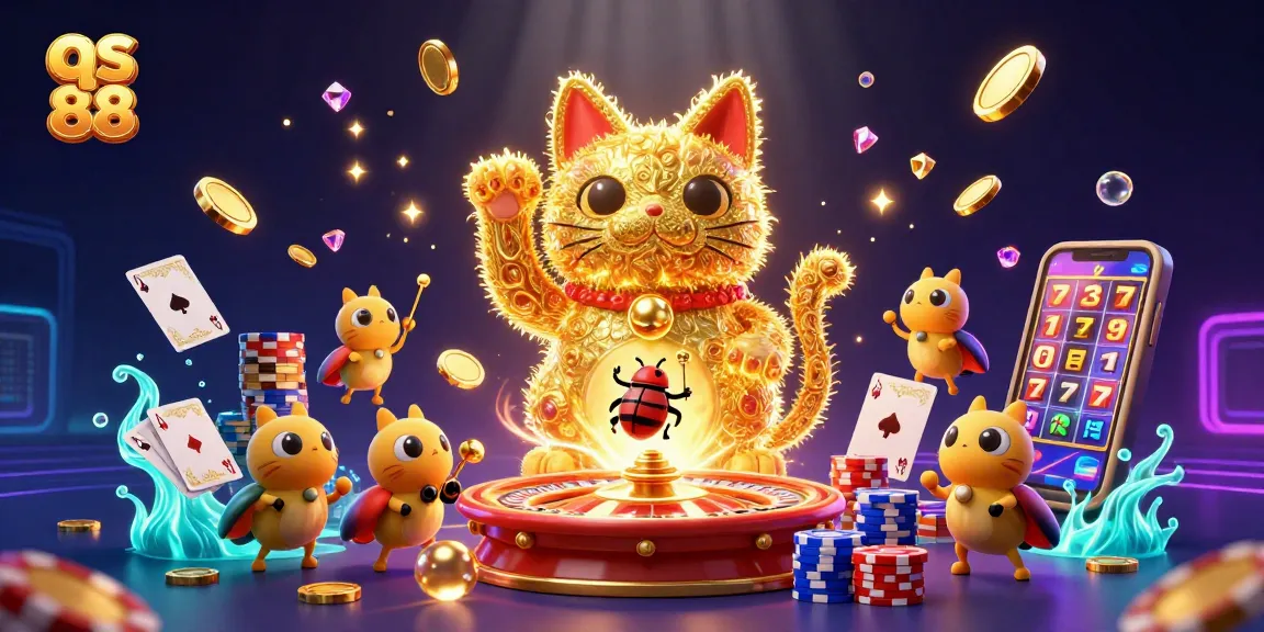 Experience the excitement of qs 88 with a dynamic golden lucky cat, cascading coins, and vibrant casino symbols.