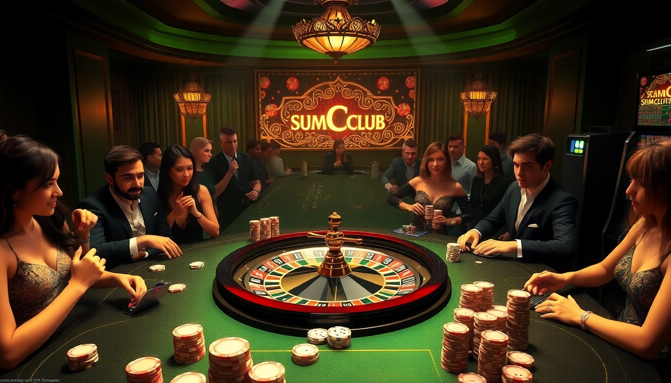 Exciting casino scene with SumClub roulette wheel, showcasing vibrant poker action and luxurious elements.