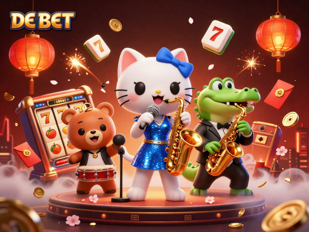 Experience the excitement of DE BET with a jazz-singer cat, a saxophone crocodile, and a drum cub in a vibrant casino