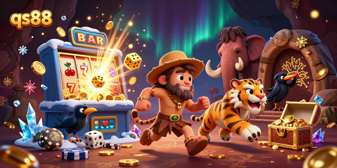 qs88 features a lively caveman casino scene, showcasing vibrant slot elements and engaging characters.