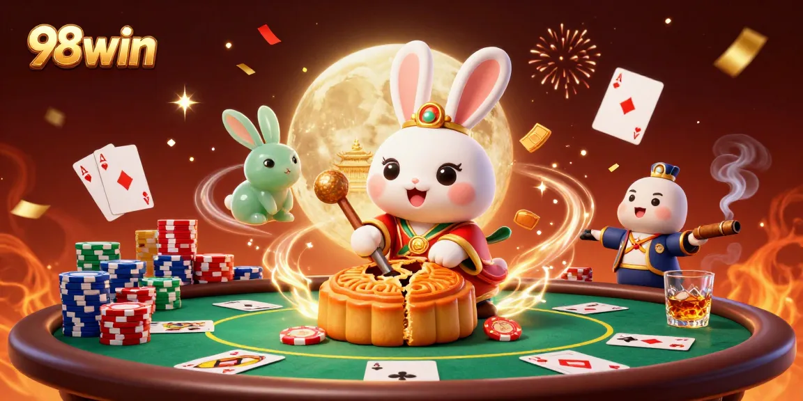 Experience 98win's lively casino scene with a moon rabbit and poker elements celebrating fortune.