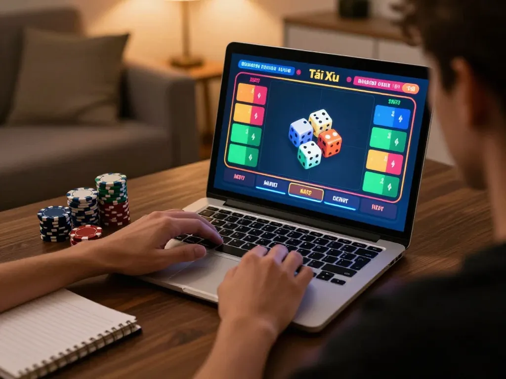 Engaging in Tài Xỉu online gaming at home with strategic elements visible around