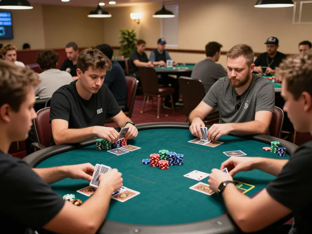Players actively engaging in game đánh bài with vibrant chips and intense strategy at a casino.