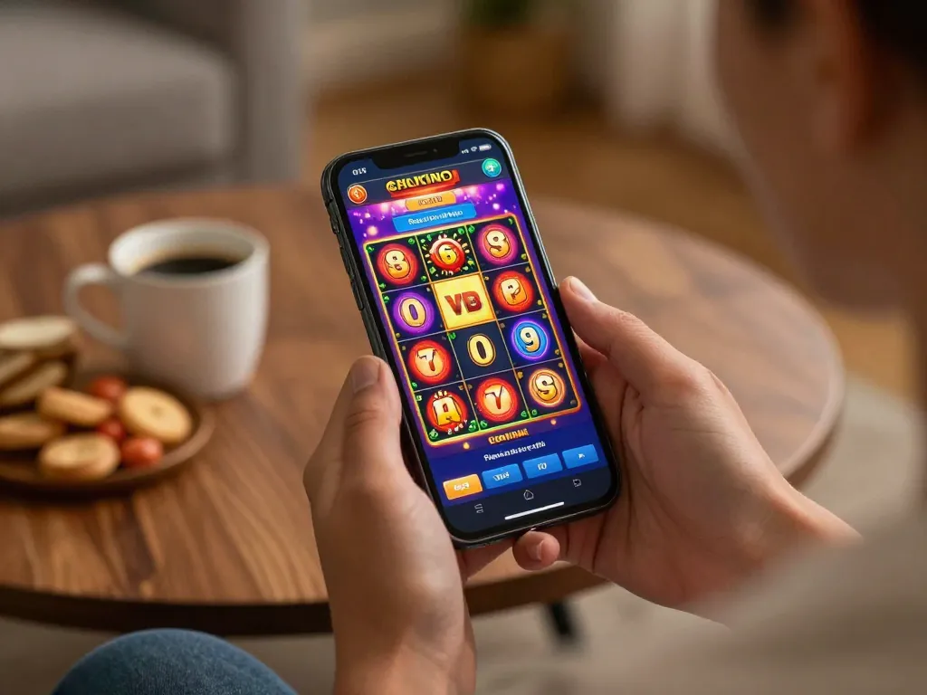 Player enjoying vibrant 78win slot games on a smartphone in a cozy home setting