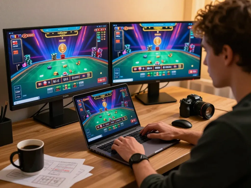 Engaging live blackjack gameplay on 8kbetcom from a modern home office.