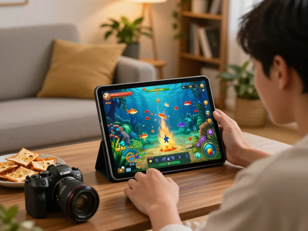 bắn cá 98win online game action on a tablet in a cozy living room setting