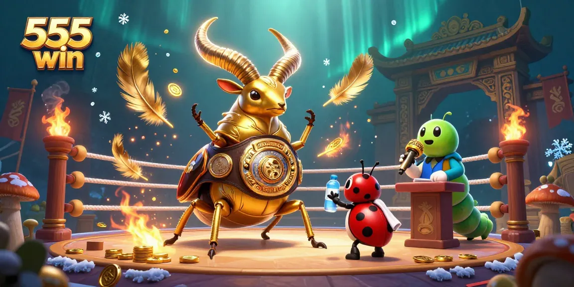 Experience 555 win excitement with golden stag beetle characters battling in a vibrant casino scene.