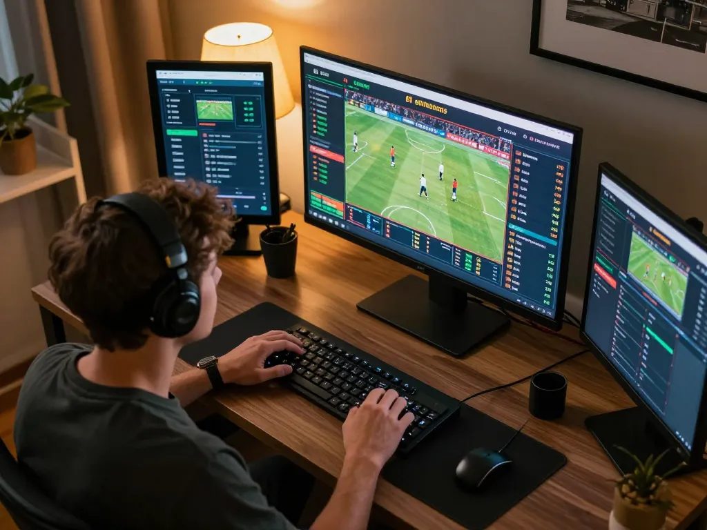 llwin user engaged in exciting sports betting with multiple screens and analytics in a cozy atmosphere.