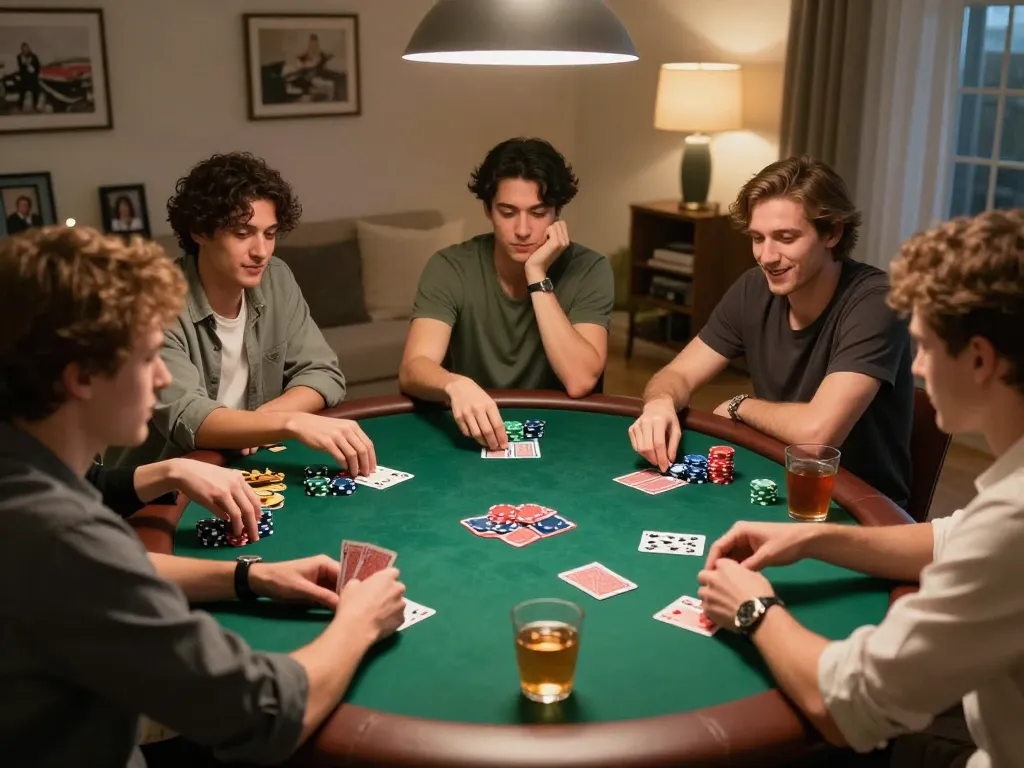 Friends playing poker and strategizing in a cozy living room highlighting debet activities.