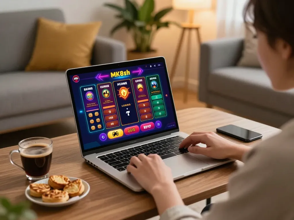 Engaging with MK8th casino app on laptop in a cozy gaming setup while strategizing bets