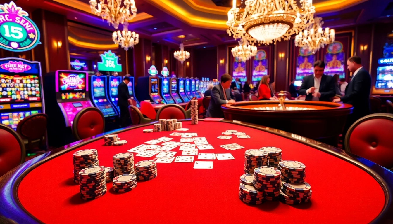 Experience luxury gambling at https://king88hz.vip/ with an engaging casino scene showcasing poker and roulette.