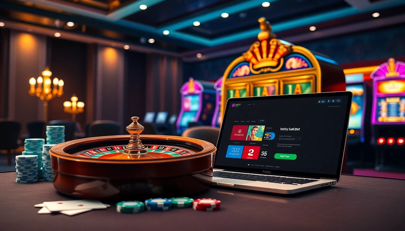 A captivating casino scene featuring https://8kkbet.com/ with a dazzling roulette wheel and slot machine.