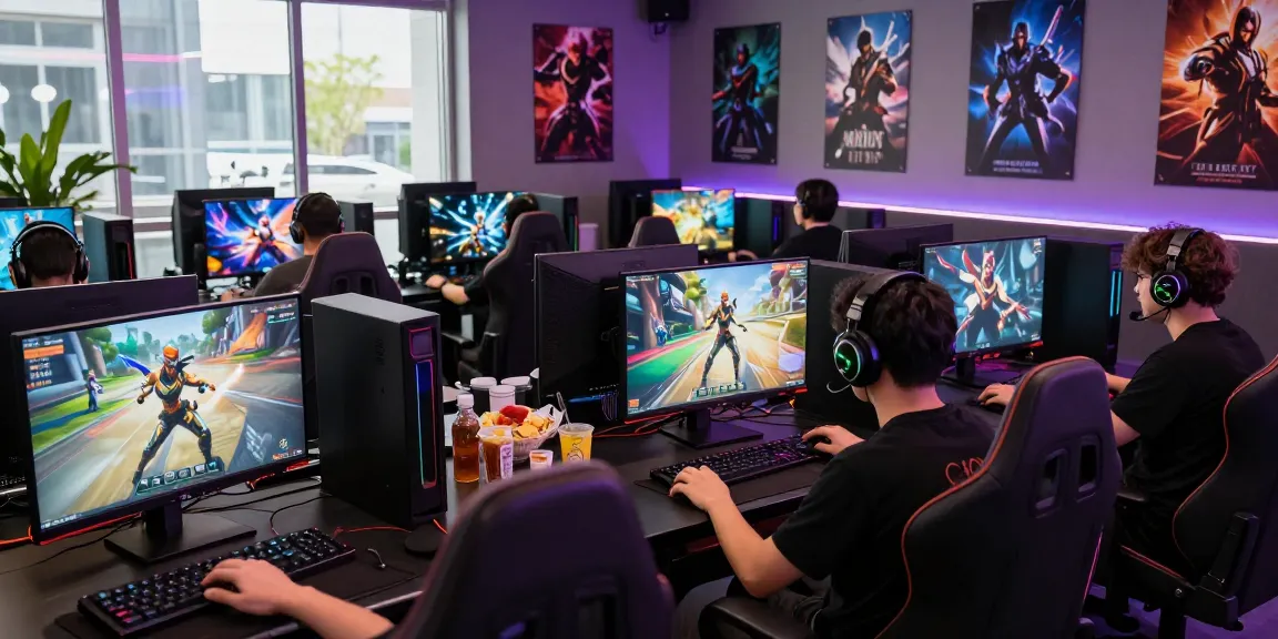 https://proplay88.uk.com/ dynamic online gaming session in a vibrant lounge with diverse players and high-performance setups