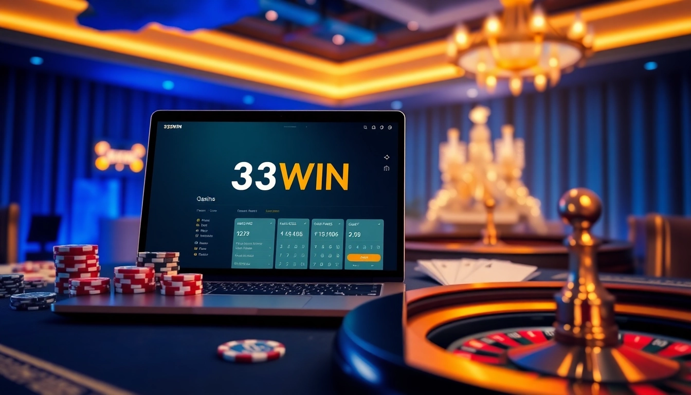 Engaging gameplay on 33WIN with poker chips and roulette wheel set up in a luxury online casino.