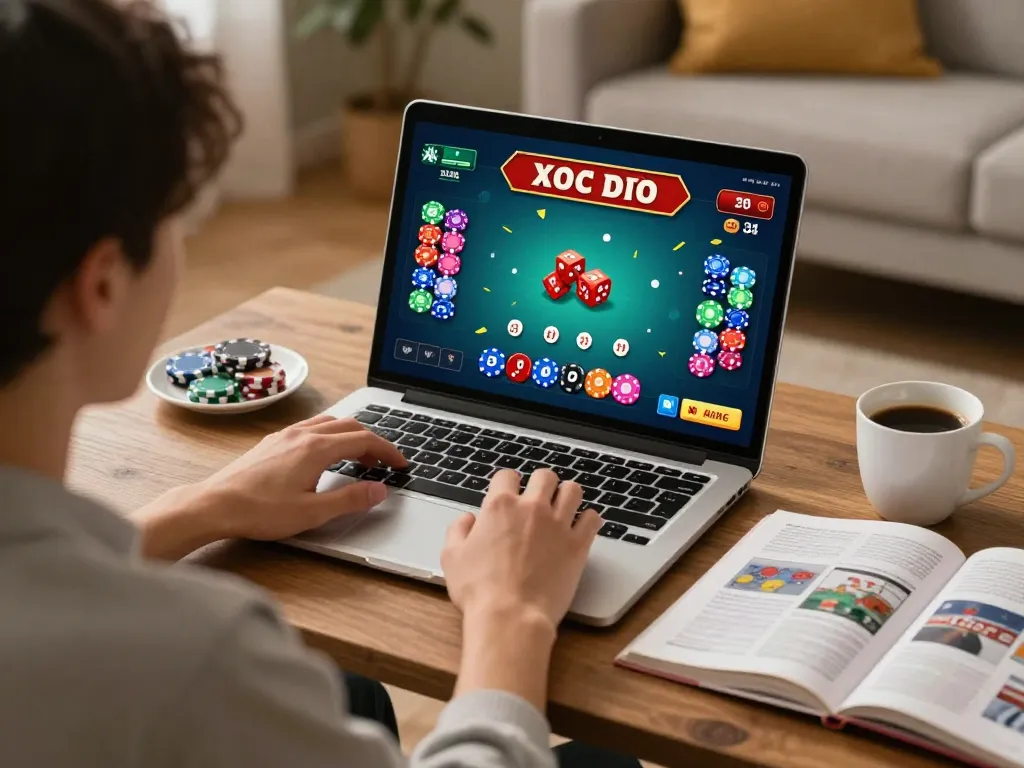 Xóc đĩa online gameplay on laptop at home, showcasing game interface and strategic elements.