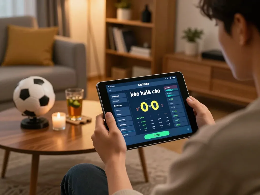 Kèo nhà cái displayed during online sports betting session in a cozy home environment.