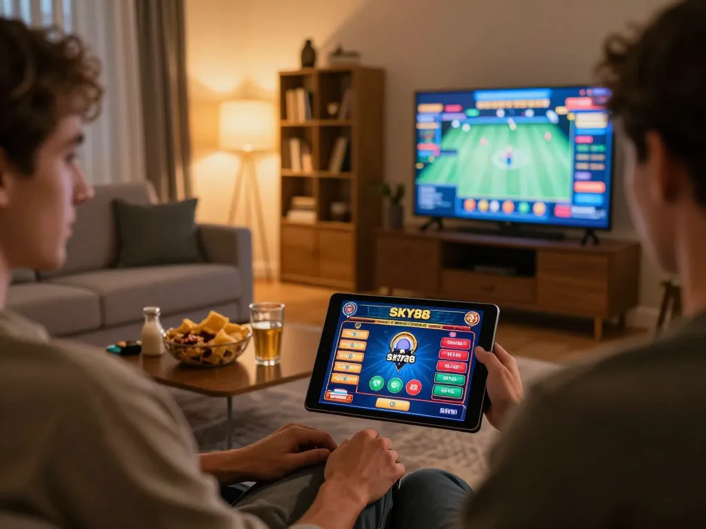 Player enjoying SKY88 game on tablet in cozy living room, engaging in responsible online gambling.