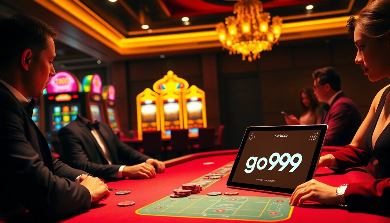 Intense poker game showcasing go99 electronic betting interface in a luxurious casino setting.