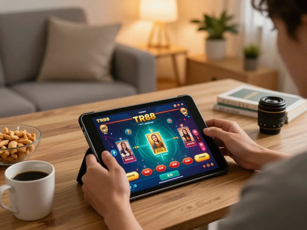 Engaging with TR88 online casino games on a tablet in a cozy home setup.