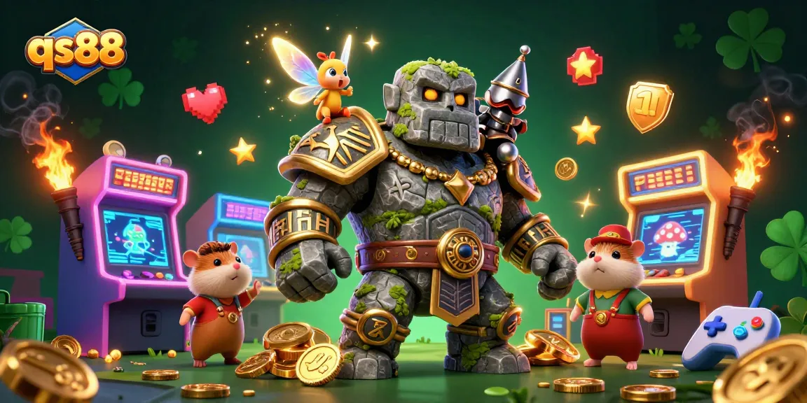 Experience thrilling gaming adventures with qs88's vibrant 3D illustration featuring a golem guardian and magical companions.