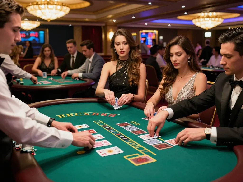 Players strategizing at a blackjack table at BCX88 casino, reflecting high-stakes excitement.