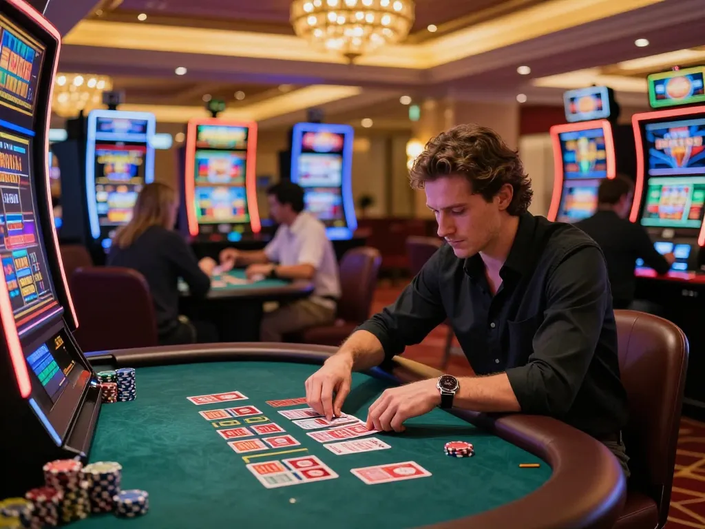 Engaged player evaluating cards at a blackjack table in the vibrant sunwin casino atmosphere.