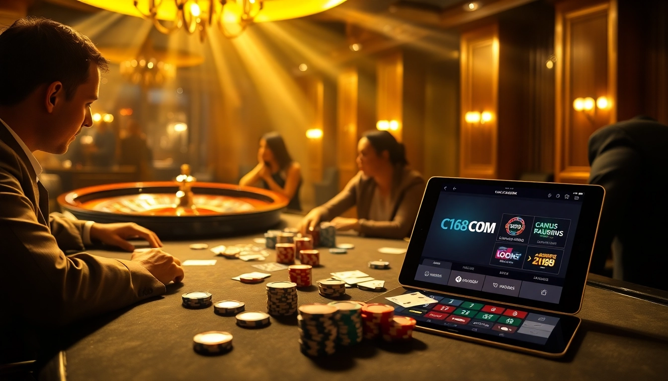 A thrilling poker game at a luxury casino portraying the essence of C168 COM.
