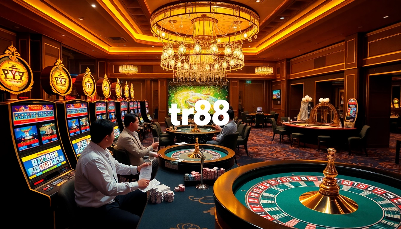 Experience thrilling gameplay at tr88's luxurious casino with vibrant slot machines and poker tables.