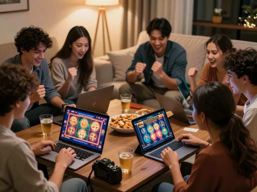 Play online casino games at LC88 with friends during an exciting home gathering.