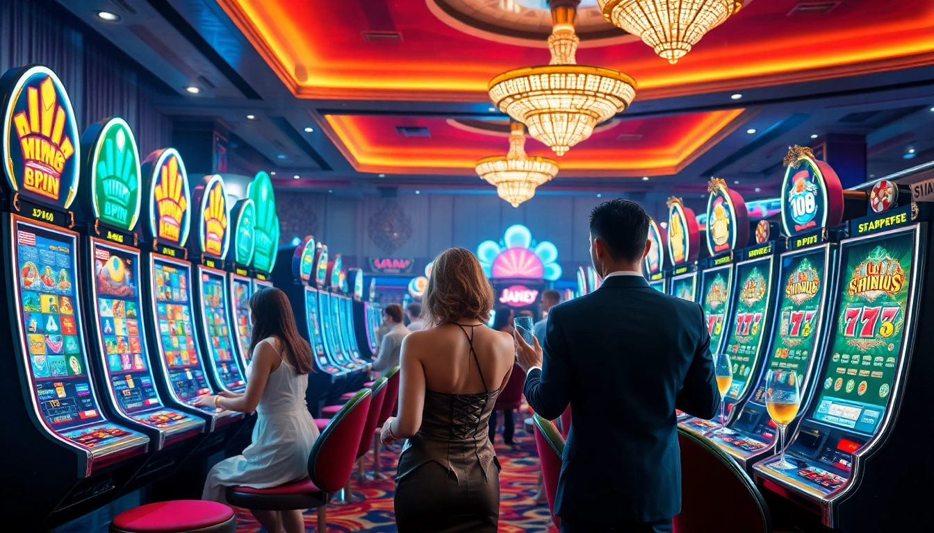Players excitedly engaging with nổ hũ slot machines in a luxurious casino setting.