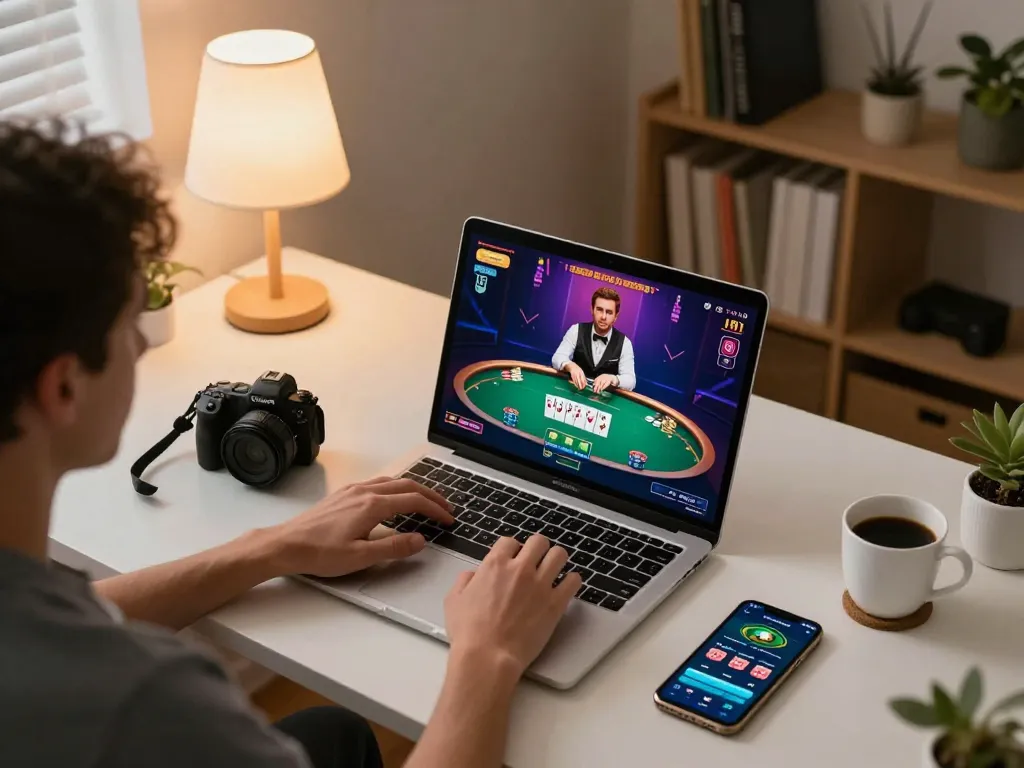 22luck8 player engaging in online poker at home, showcasing a strategic gameplay environment.