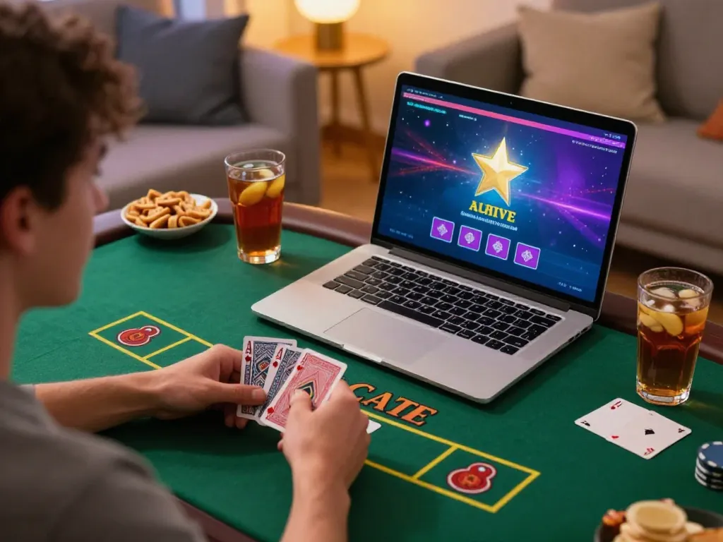 FLY88 player immersed in live dealer blackjack at home, showcasing strategic gameplay and comfort