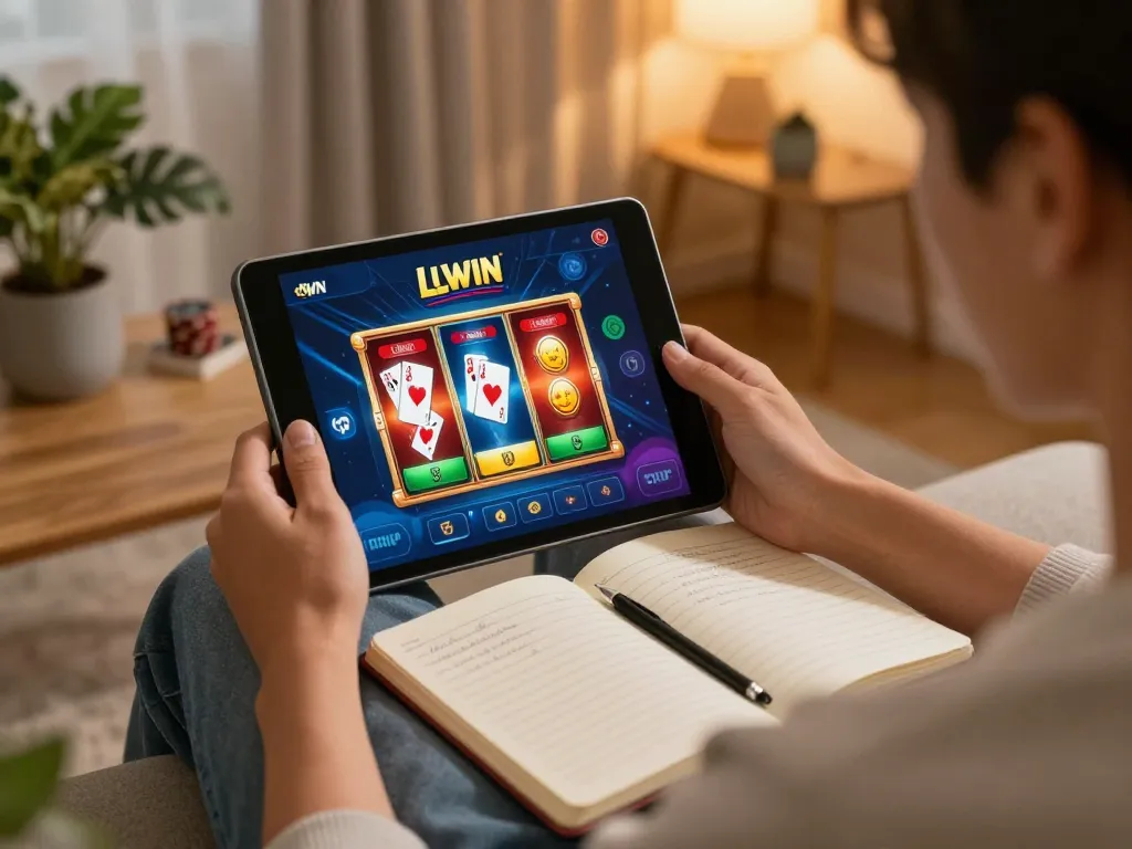 Engage in LLWIN Download action at home with online gaming on tablet in cozy living room.