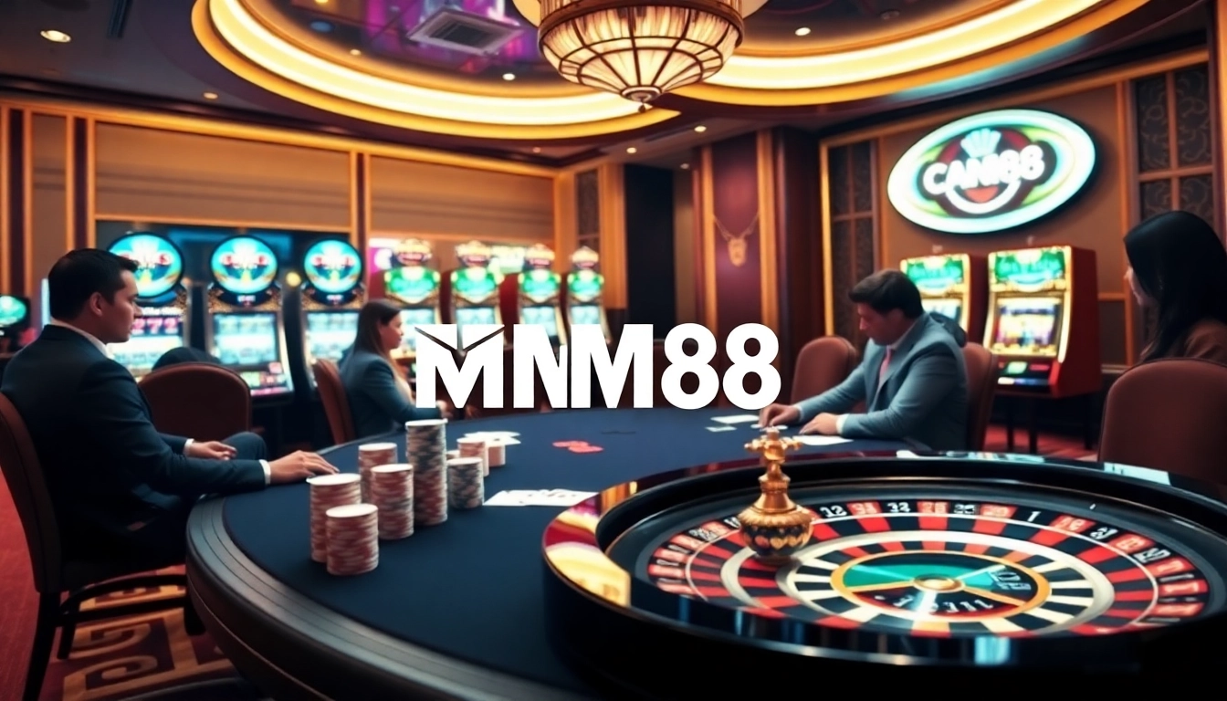 Engaging players at a high-stakes MM88 poker table in a luxurious casino setting.