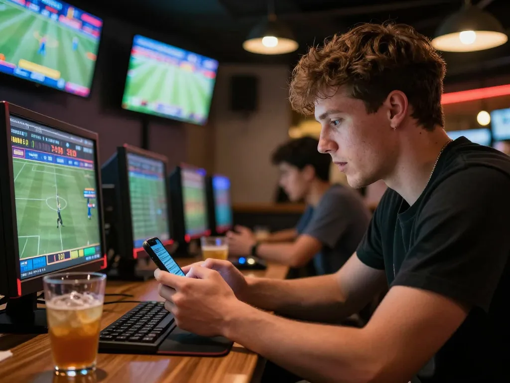 Player analyzing odds for a sports bet on 888now in a lively sports bar atmosphere.