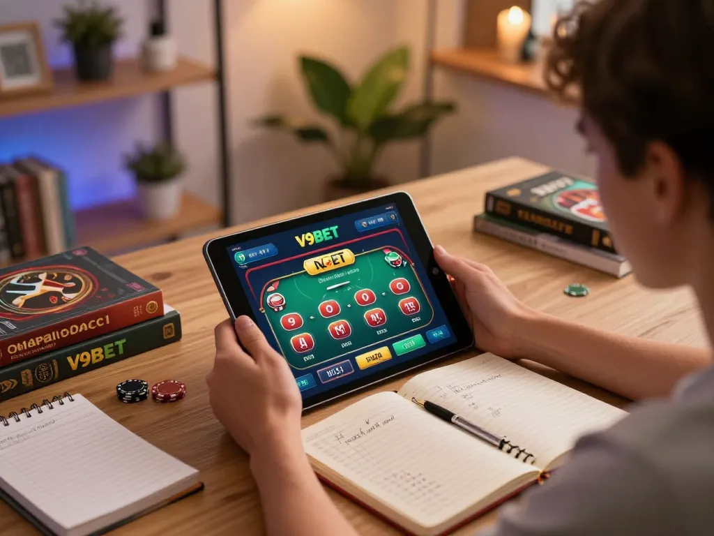 Player analyzing poker strategies on V9BET tablet app in a cozy home office.