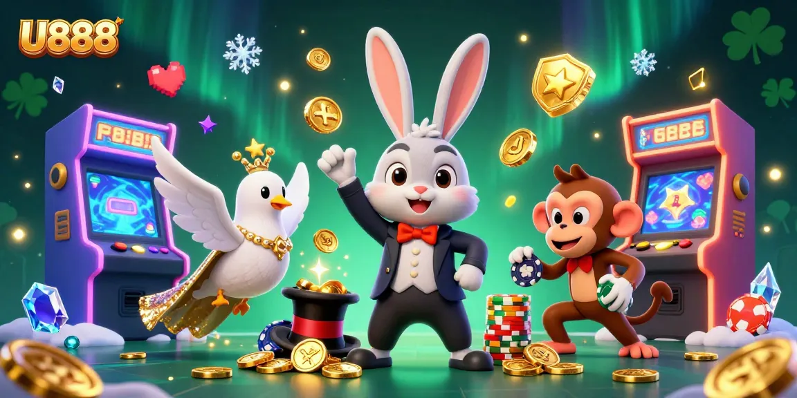 Engage in thrilling gaming at U888 with vibrant characters and golden rewards in an exciting casino scene.