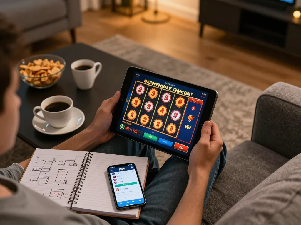 Engaging online gambling at home with JJNN app on tablet during an exciting gaming session.